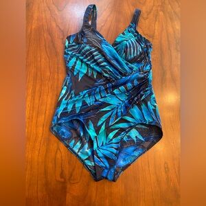 Miraclesuit Tropical Blue Gold Foil Palms Print Design One Piece Swimsuit Sz 12